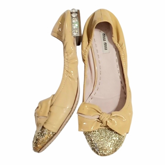 Miu Miu Bow Ballet Flats Nude Patent Leather Gold Glitter Cap Toe EU 40 US 9 - Picture 3 of 14